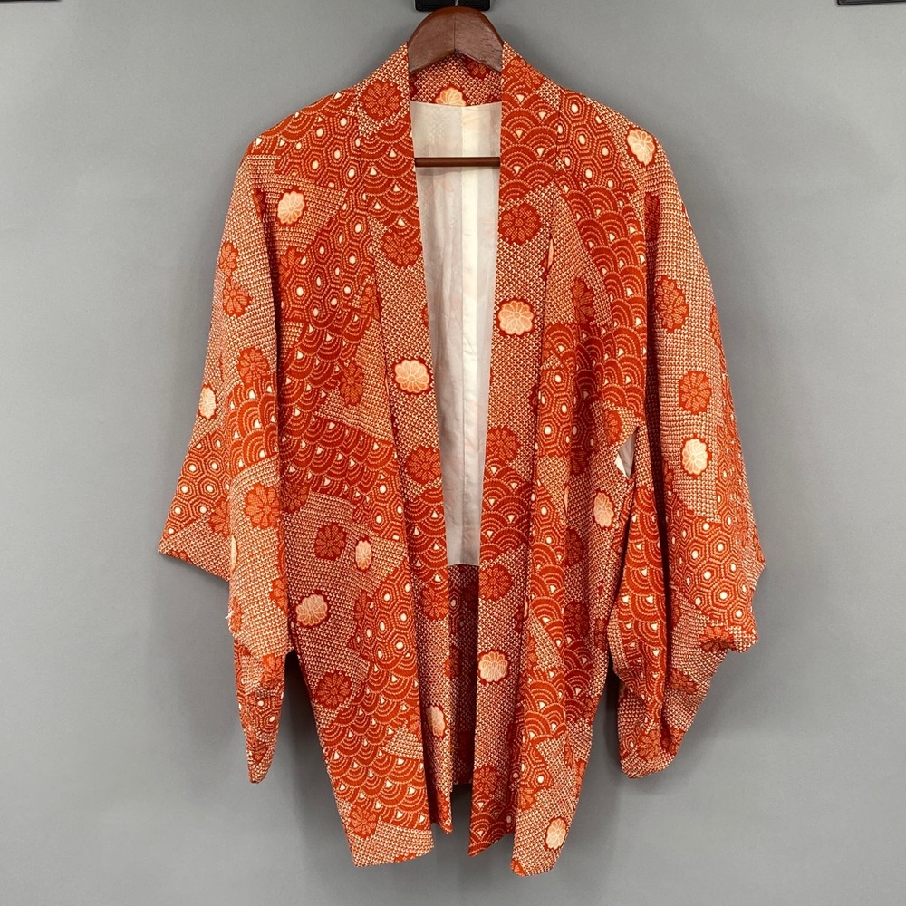 Vintage 60s 70s Orange Floral True Kimono Jacket‎ Textured Hippie Psychedelic - Picture 3 of 14